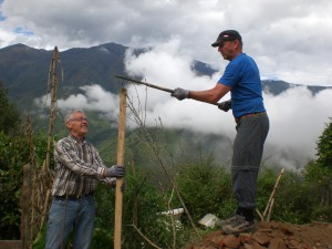 Ein älterer Mann hält einen Holzpfosten, der in der Erde steckt, ein anderer Mann schlägt mit dem Hammer drauf